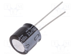 Capacitor: electrolytic; THT; 33uF; 100VDC; Ø10x9mm; Pitch: 5mm