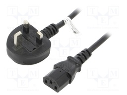 Cable; BS 1363 (G) plug 90°,IEC C14 male; PVC; 1.8m; black; 5A