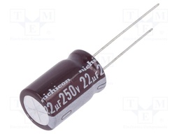 Capacitor: electrolytic; THT; 22uF; 250VDC; Ø12.5x20mm; Pitch: 5mm