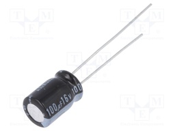 Capacitor: electrolytic; THT; 100uF; 16VDC; Ø5x9mm; Pitch: 2mm; ±20%