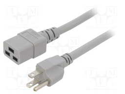 Cable; 3x14AWG; IEC C19 female,NEMA 5-15 (B) plug; PVC; 2m; grey