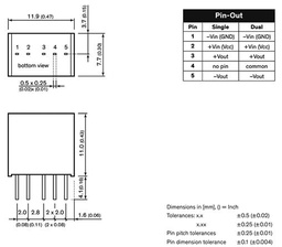 Converter: DC/DC; 3W; Uin: 36÷75V; Uout: 5VDC; Uout2: -5VDC; SIP; 2.1g