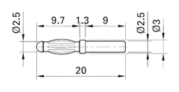 Connector: 2,5mm banana; plug; 25A; max.150°C; L: 20mm; 0.5mΩ