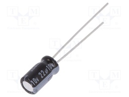 Capacitor: electrolytic; THT; 22uF; 10VDC; Ø5x9mm; Pitch: 2mm; ±20%