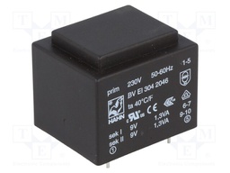 Transformer: encapsulated; 2.6VA; 230VAC; 9V; 9V; 145mA; 145mA; 99g