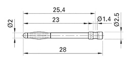 Plug; 2mm banana; 25A; nickel plated; max.150°C; Ø: 2.5mm; L: 28mm