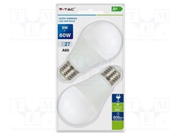 LED lamp; white cold; E27; 220÷240VAC; 806lm; P: 9W; 200°; 6400K