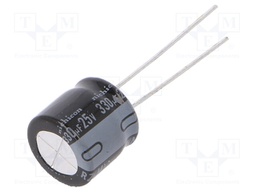 Capacitor: electrolytic; THT; 330uF; 25VDC; Ø10x9mm; Pitch: 5mm