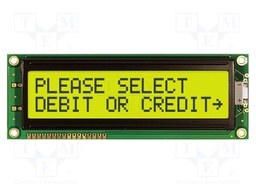 Display: LCD; STN Positive; 16x2; yellow-green; 122x44mm; LED; 1x16