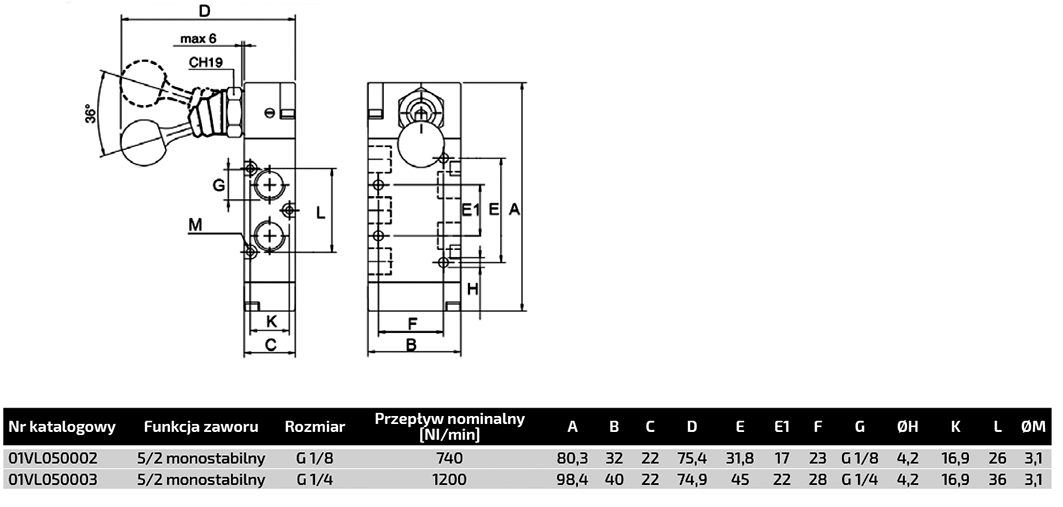 Mechanical valve; 5/2 monostable; G 1/8"; Pressure: 0÷10bar