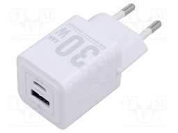 Power supply: switching; mains,plug-in; 5÷20VDC; 30W; white; 3A