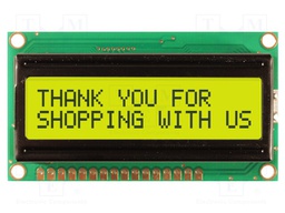 Display: LCD; alphanumeric; STN Positive; 16x2/2x16; yellow-green