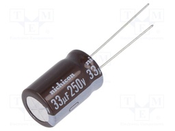 Capacitor: electrolytic; THT; 33uF; 250VDC; Ø12.5x20mm; Pitch: 5mm
