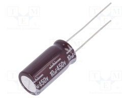 Capacitor: electrolytic; THT; 10uF; 450VDC; Ø10x20mm; Pitch: 5mm