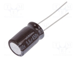 Capacitor: electrolytic; THT; 5.6uF; 450VDC; Ø10x16mm; Pitch: 5mm