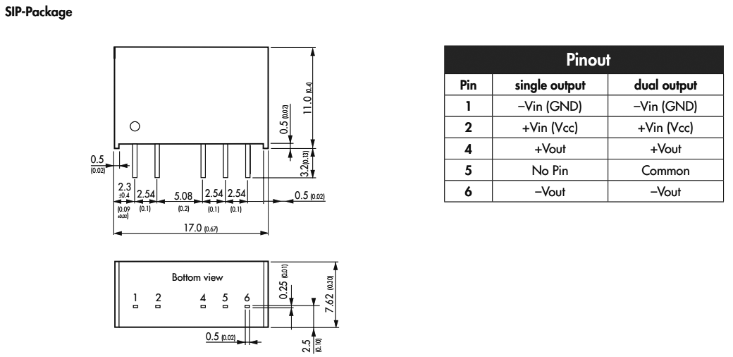 Converter: DC/DC; 1W; Uin: 36÷75V; Uout: 15VDC; Iout: 67mA; SIP6; 3.1g