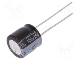 Capacitor: electrolytic; THT; 100uF; 50VDC; Ø10x9mm; Pitch: 5mm