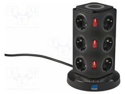 Extension lead; 3G1.5mm2; Sockets: 15; PVC; black; 2m; 16A