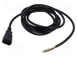 Cable; 3G1mm2; IEC C14 male,wires; PVC; 1.8m; black; 10A; 250V