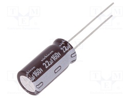 Capacitor: electrolytic; THT; 22uF; 160VDC; Ø10x20mm; Pitch: 5mm