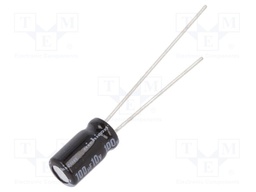 Capacitor: electrolytic; THT; 100uF; 10VDC; Ø5x9mm; Pitch: 2mm; ±20%