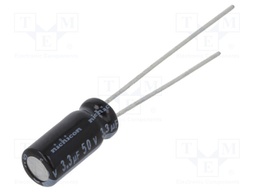 Capacitor: electrolytic; THT; 3.3uF; 50VDC; Ø5x11mm; Pitch: 2mm