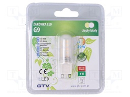 LED lamp; warm white; G9; 230VAC; 300lm; 4W; 360°; 3000K