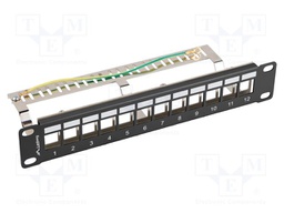 Patch panel; black; Number of ports: 12; rack 10"; RACK; Height: 1U