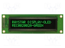 Display: OLED; alphanumeric; 20x2; Dim: 116x37x9.8mm; green; PIN: 16