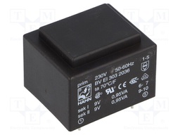 Transformer: encapsulated; 1.9VA; 230VAC; 9V; 9V; 105mA; 105mA; 81g