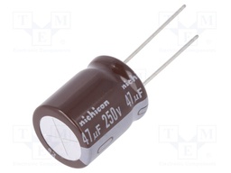 Capacitor: electrolytic; THT; 47uF; 250VDC; Ø16x20mm; Pitch: 7.5mm
