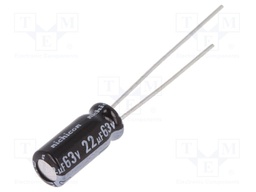 Capacitor: electrolytic; THT; 22uF; 63VDC; Ø5x11mm; Pitch: 2mm; ±20%
