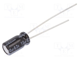 Capacitor: electrolytic; THT; 10uF; 63VDC; Ø5x9mm; Pitch: 2mm; ±20%