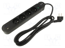 Plug socket strip: protective; Sockets: 4; 250VAC; 16A; black; 3m