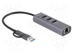 Hub USB; RJ45 socket,USB A socket,USB A plug,USB C plug; grey