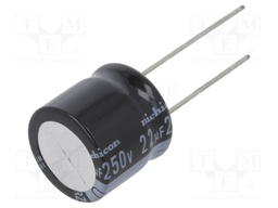 Capacitor: electrolytic; THT; 22uF; 250VDC; Ø16x15mm; Pitch: 7.5mm