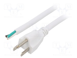 Cable; 3x16AWG; NEMA 5-15 (B) plug,wires; PVC; 3m; white; 13A; 125V