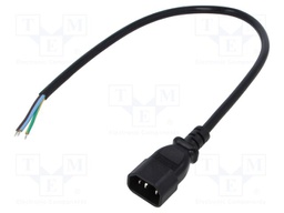 Cable; 3G1mm2; IEC C14 male,wires; PVC; 0.5m; black; 10A; 250V
