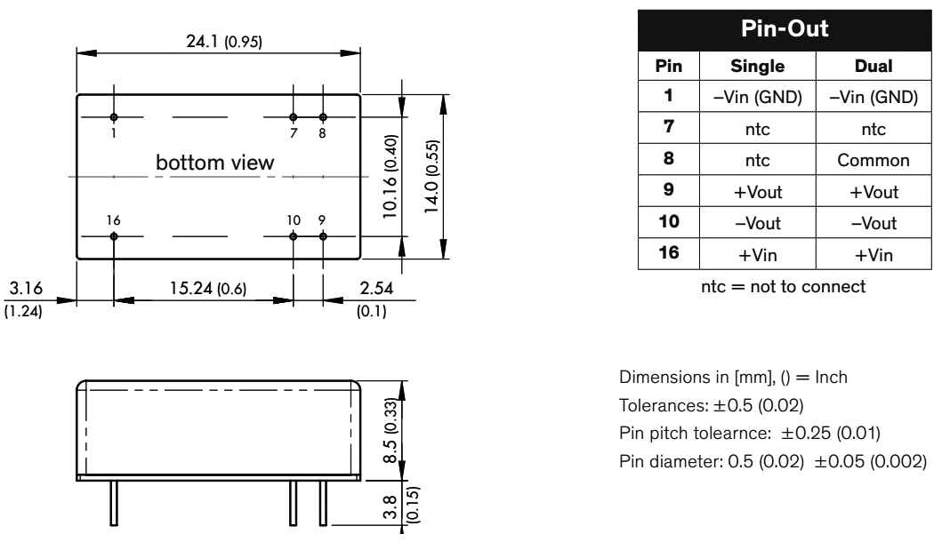 Converter: DC/DC; 8W; Uin: 9÷36V; Uout: 3.3VDC; Iout: 2000mA; DIP16