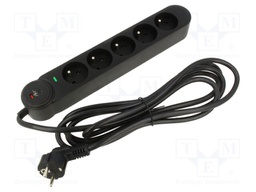 Plug socket strip: protective; Sockets: 5; 250VAC; 16A; black; 3m