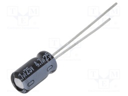 Capacitor: electrolytic; THT; 4.7uF; 25VDC; Ø5x9mm; Pitch: 2mm; ±20%