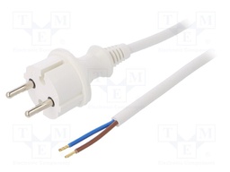 Cable; CEE 7/17 (C) plug,wires; 2m; white; PVC; 2x1,5mm2; 16A; 250V