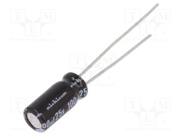 Capacitor: electrolytic; THT; 100uF; 25VDC; Ø5x11mm; Pitch: 2mm