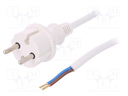 Cable; CEE 7/17 (C) plug,wires; 3m; white; PVC; 2x1,5mm2; 16A; 250V