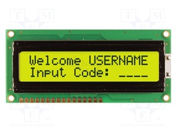 Display: LCD; STN Positive; 16x2; yellow-green; 80x36mm; LED; 1x16
