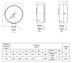 Manometer; 0÷40bar; Class: 1.6; 160mm; IP54; steel; 111.22; max200°C