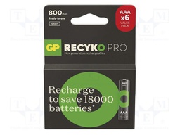 Re-battery: Ni-MH; AAA,R3; 1.2V; 800mAh; ReCYKO PRO; blister; 6pcs.