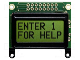 Display: LCD; STN Positive; 8x2; yellow-green; 40x35.4mm; 2x8; 3.3V