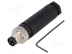 Connector: M8; male; PIN: 4; for cable; plug; 3A; 30V; IP67