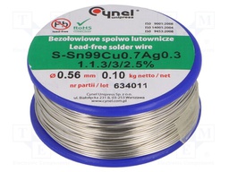 Soldering wire; Sn99Ag0,3Cu0,7; 560um; 100g; lead free; 216÷227°C